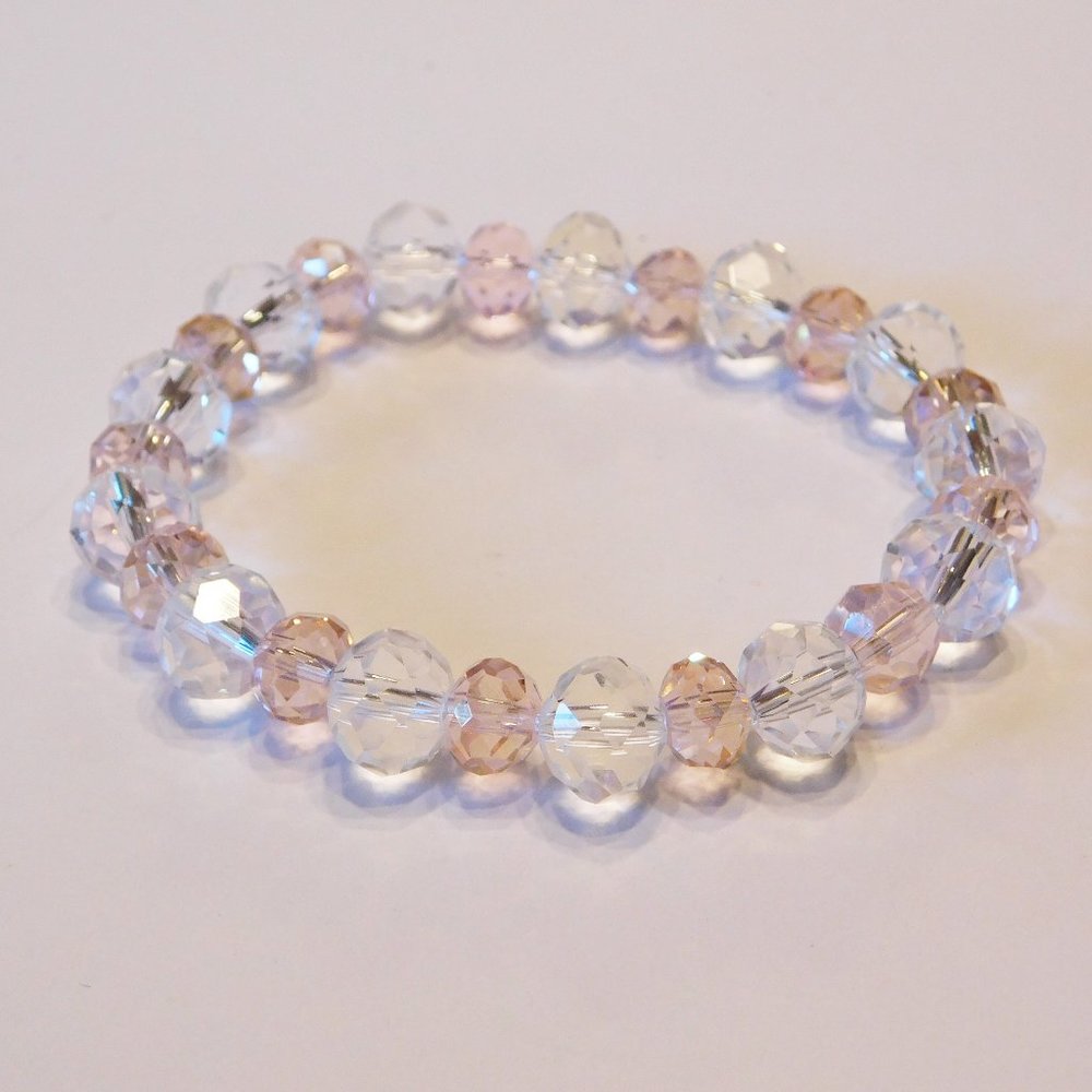 Handmade Pink & Clear Glass Beaded Stretch Bracelet - 7"